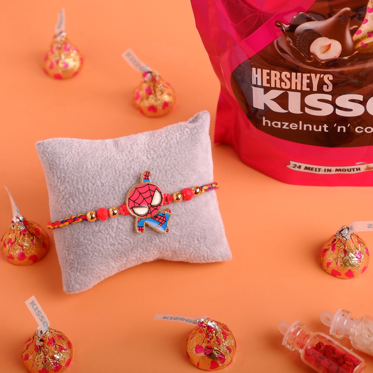 Spiderman Avengers Metal Rakhi with Hersheys Kisses Hazelnut n Cookies