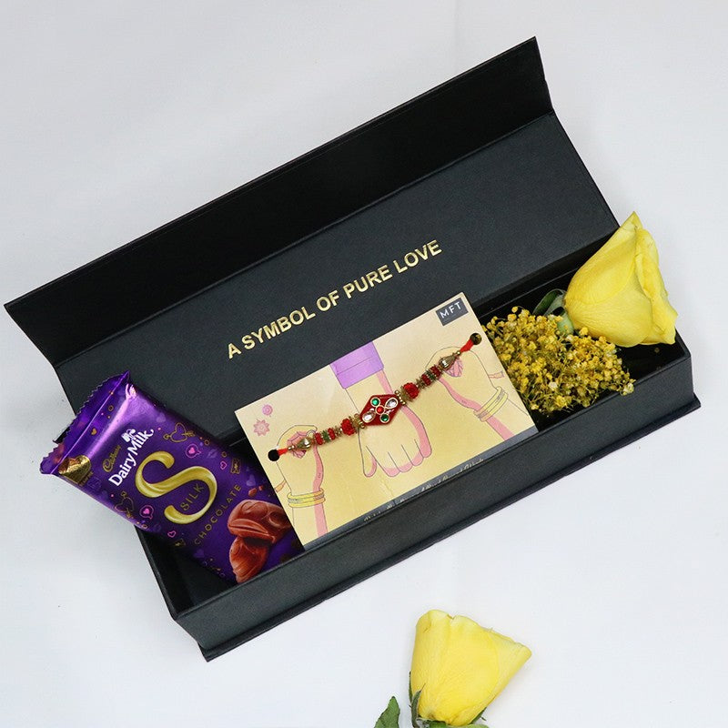 Single Designer Rakhi with Yellow Roses and Gypso and Chocolate