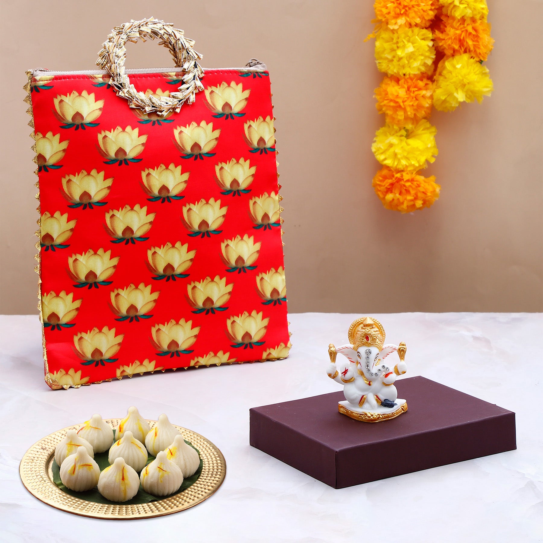 Shree Ganesha Idol with Red Bag and Modak 250 GM