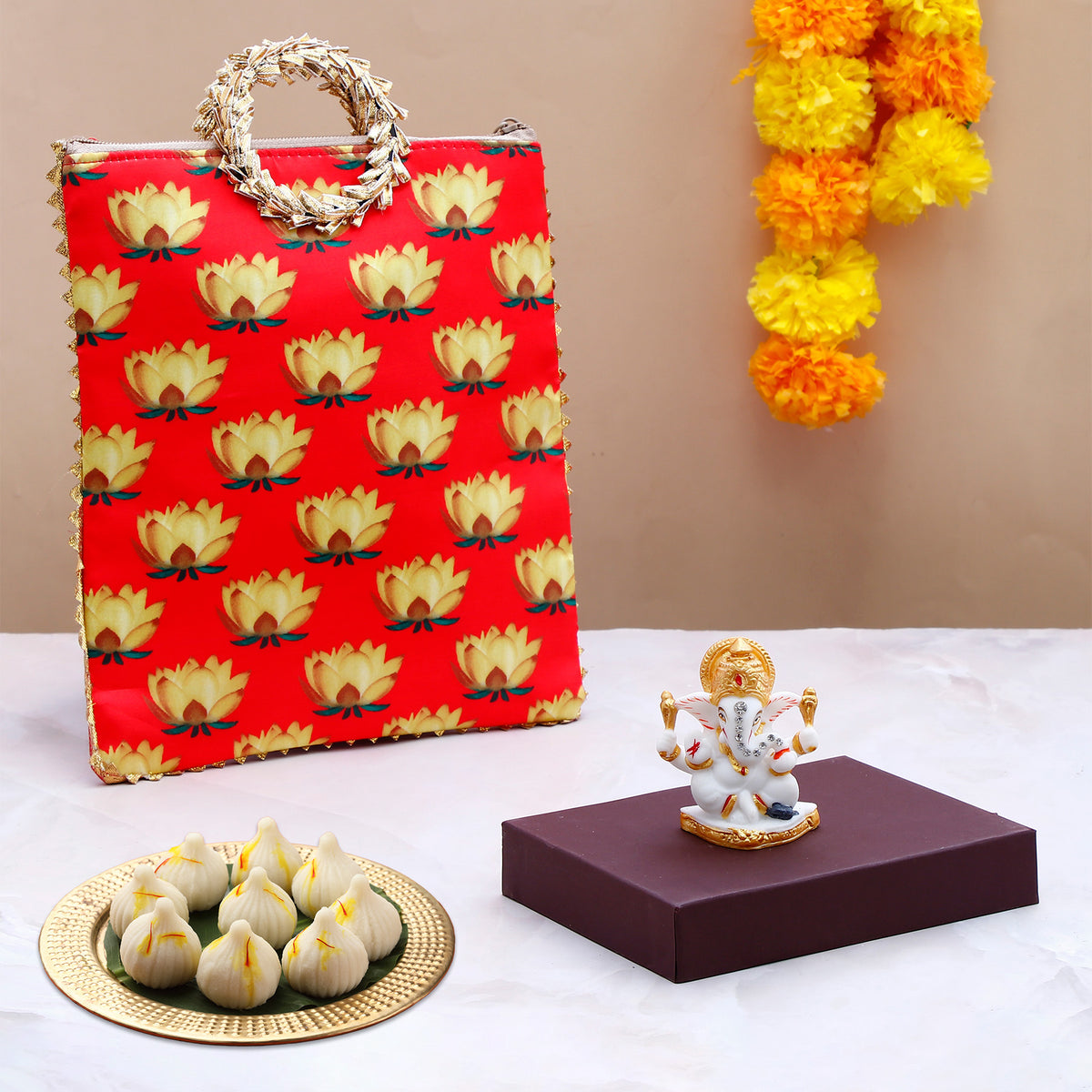 Shree Ganesha Idol with Red Bag and Modak 250 GM