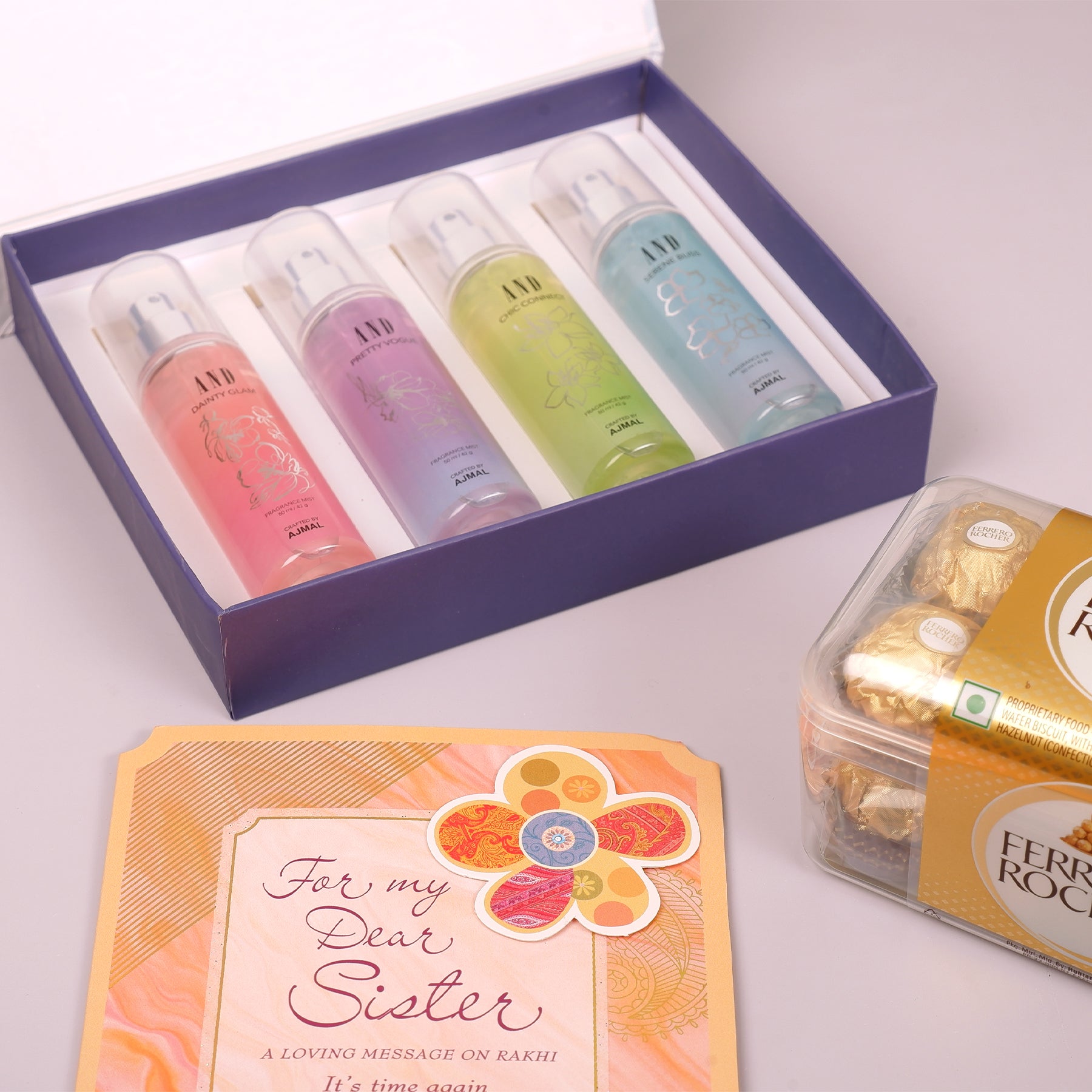 AND Frangrance Mist with Sister Greeting Card and Ferrero Rocher