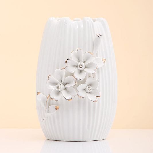 White Ceramic Table Vase with Floral Accents