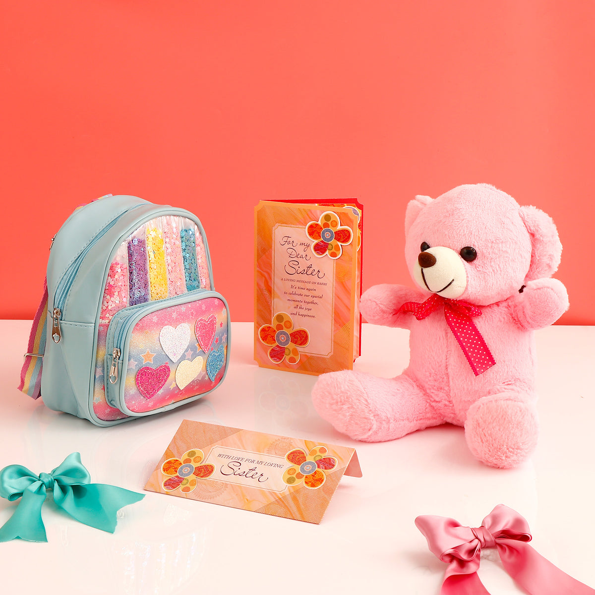 Pink Bow Shimmer Bag with White Teddy and Greeting Card