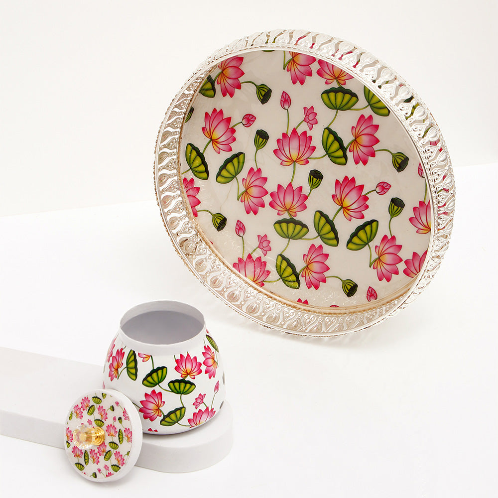 Pink and White Motifs Jars with Tray Set