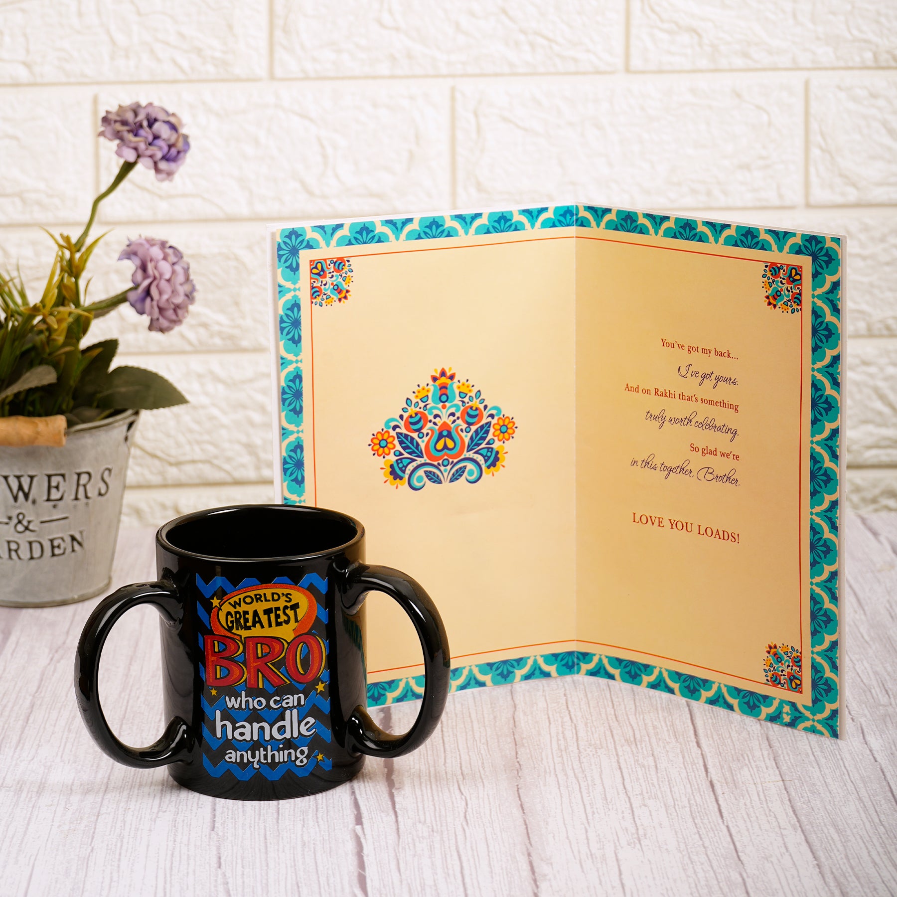 Loving Wishes Rakhi Greeting Card With Three Handle Mug
