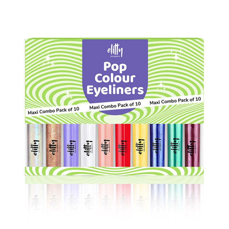 Elitty Maxi Pop Colour Liquid Eyeliner Combo | Matte Shades (Tomato Red, Lilac, Honeycomb, White, Peach ) , Metallic Shades (Blue, Emerald Green, Wine Red ) , Holographic Shade (Silver-Blue) & Glitter Shade (Copper) |  | 1 ML Each