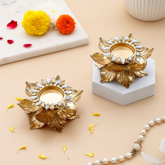 Leaves Handcrafted Metal Diya Pack of 2