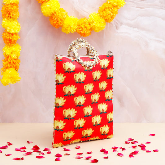 Lotus Printed Ethnic Handcrafted Zip Up Fabric Bag - Red