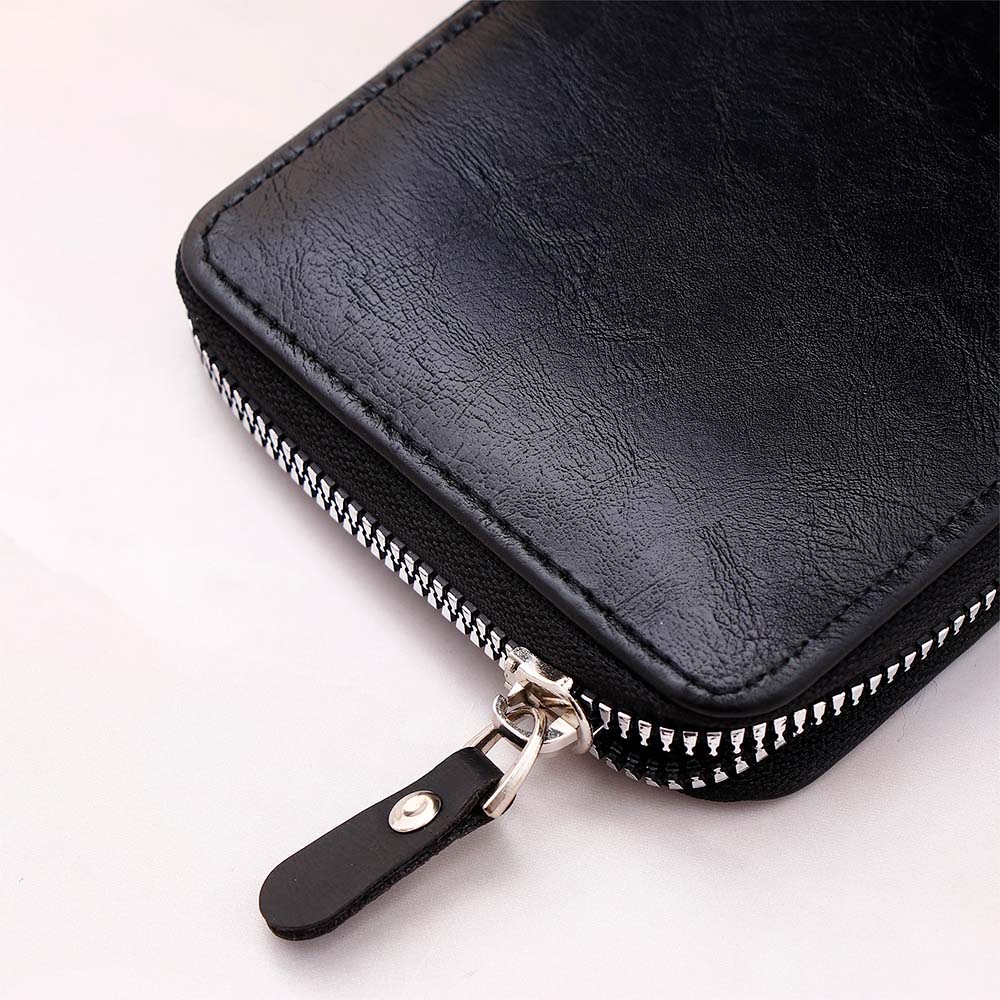 Classic Black Leather Zip-Up Wallet