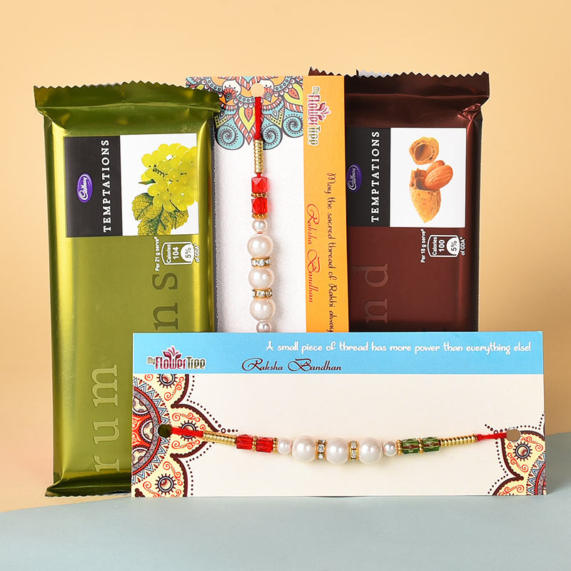 Set of 2 Pearl Rakhi with 2 Cadbury Temptations, Roli & Chawal