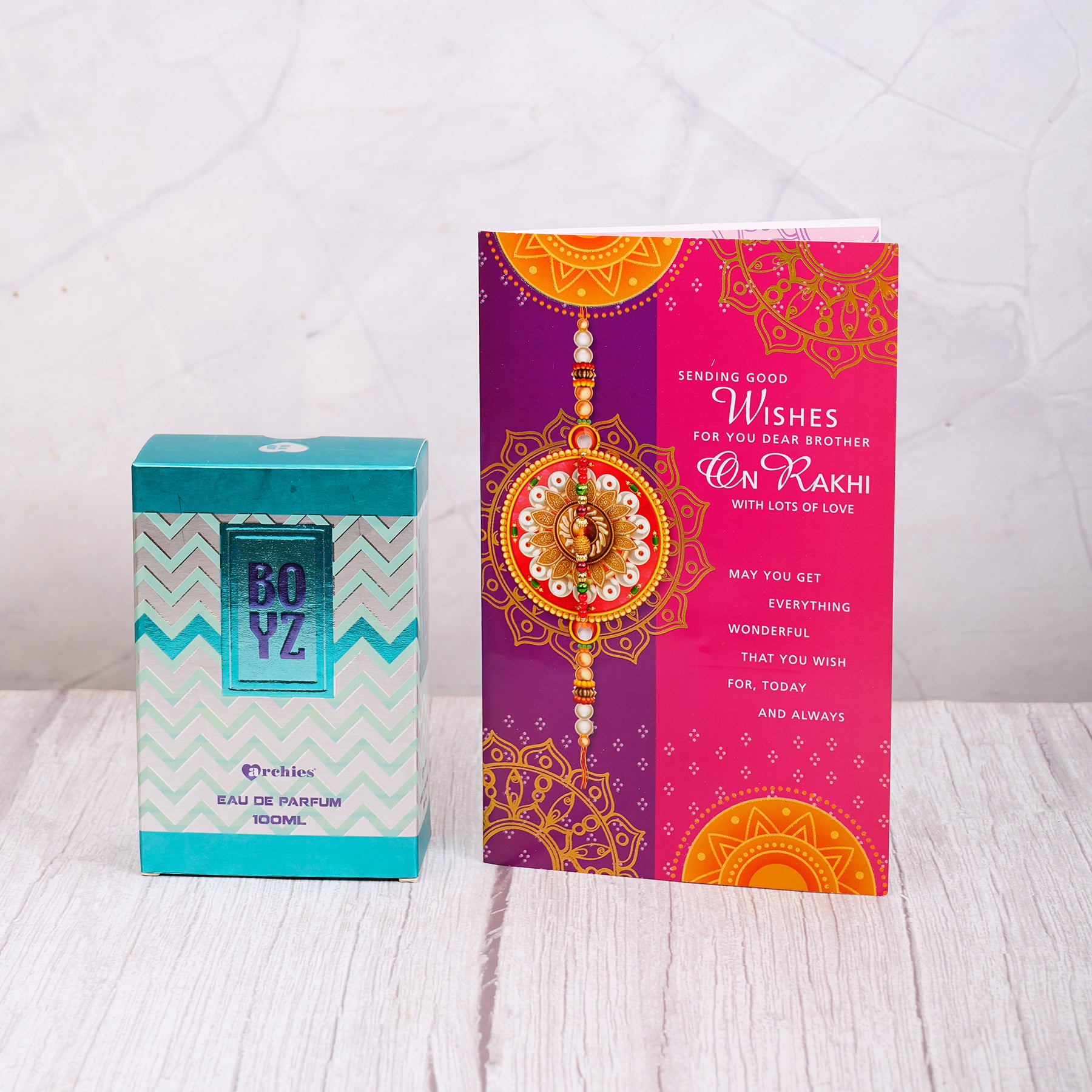 Boys Perfume with Rakhi Wishes Greeting Card