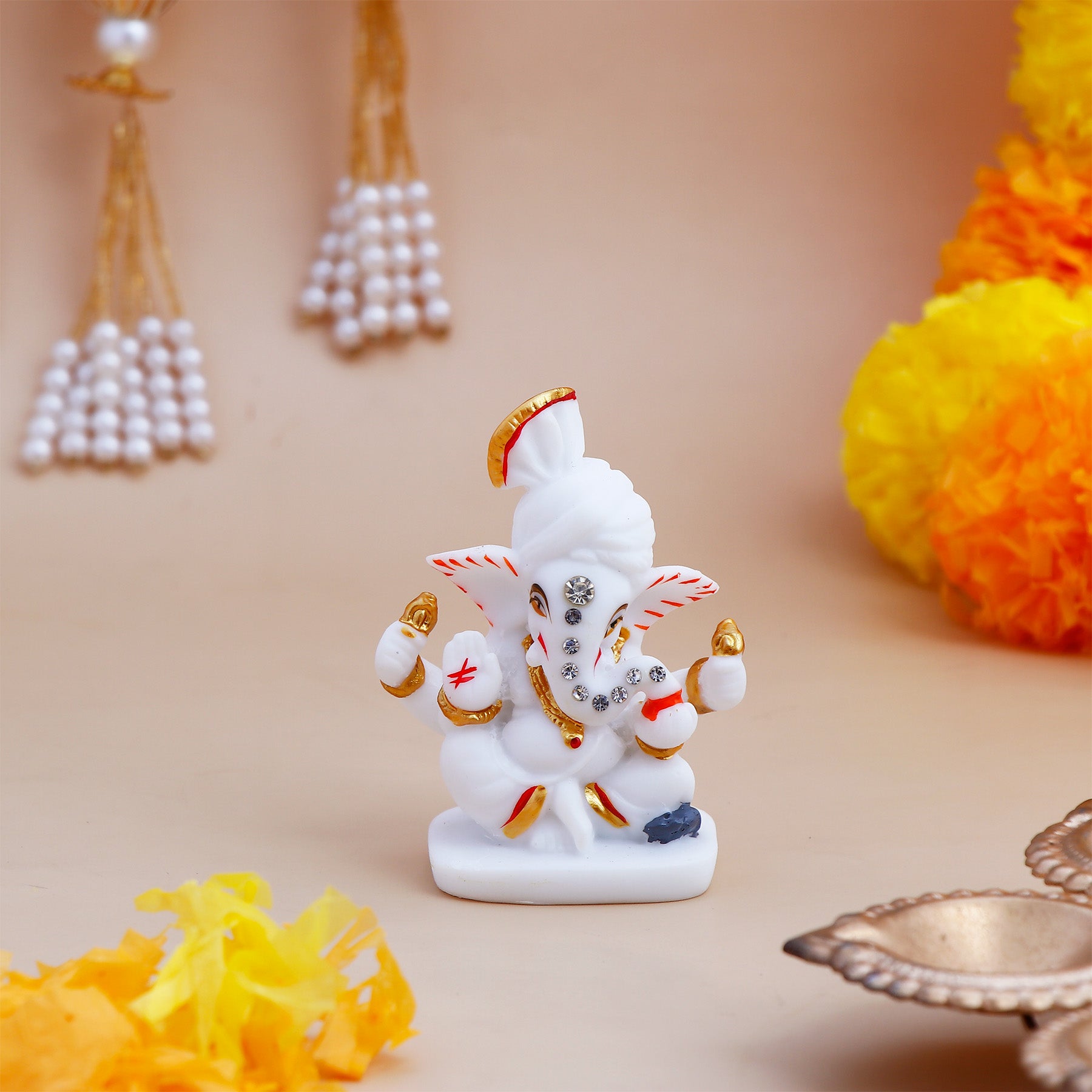 Mini Ganesha White and Golden Idol