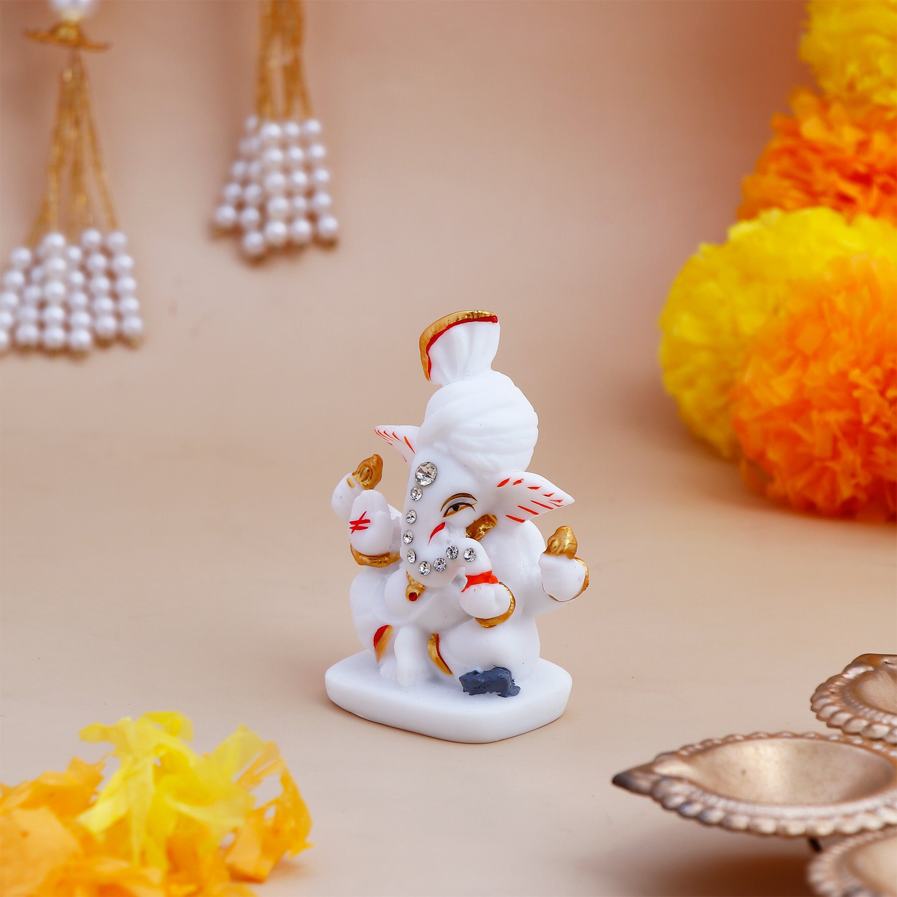 Mini Ganesha White and Golden Idol