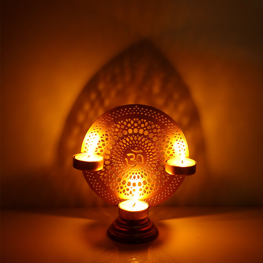 Golden Om 3 Diya Stand