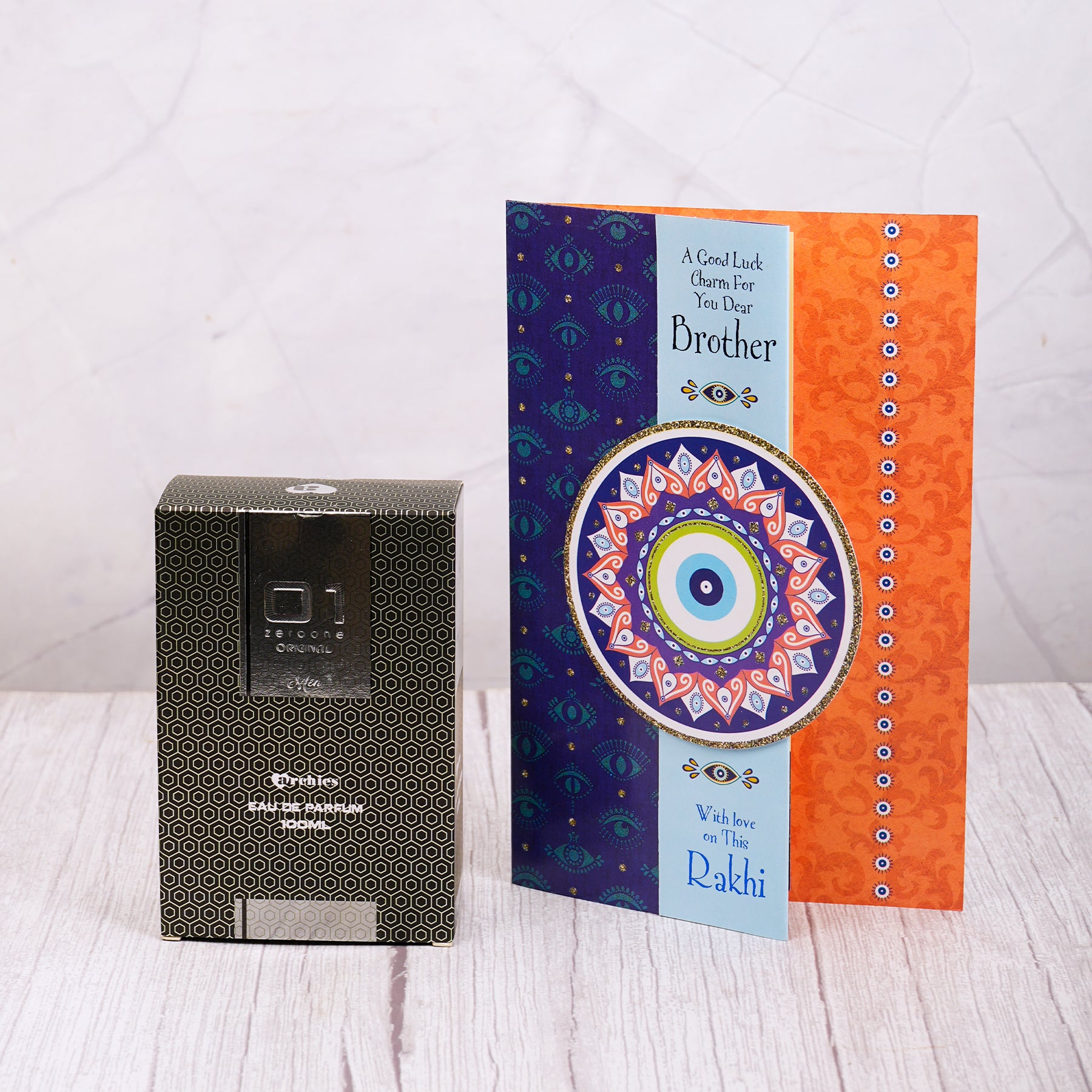 01 Men Perfume with Evil Eye Rakhi Greeting Card