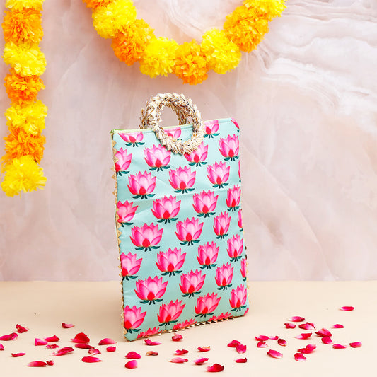 Lotus Printed Ethnic Handcrafted Zip Up Fabric Bag - Blue