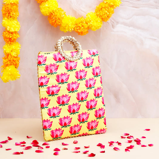 Lotus Printed Ethnic Handcrafted Zip Up Fabric Bag - Yellow