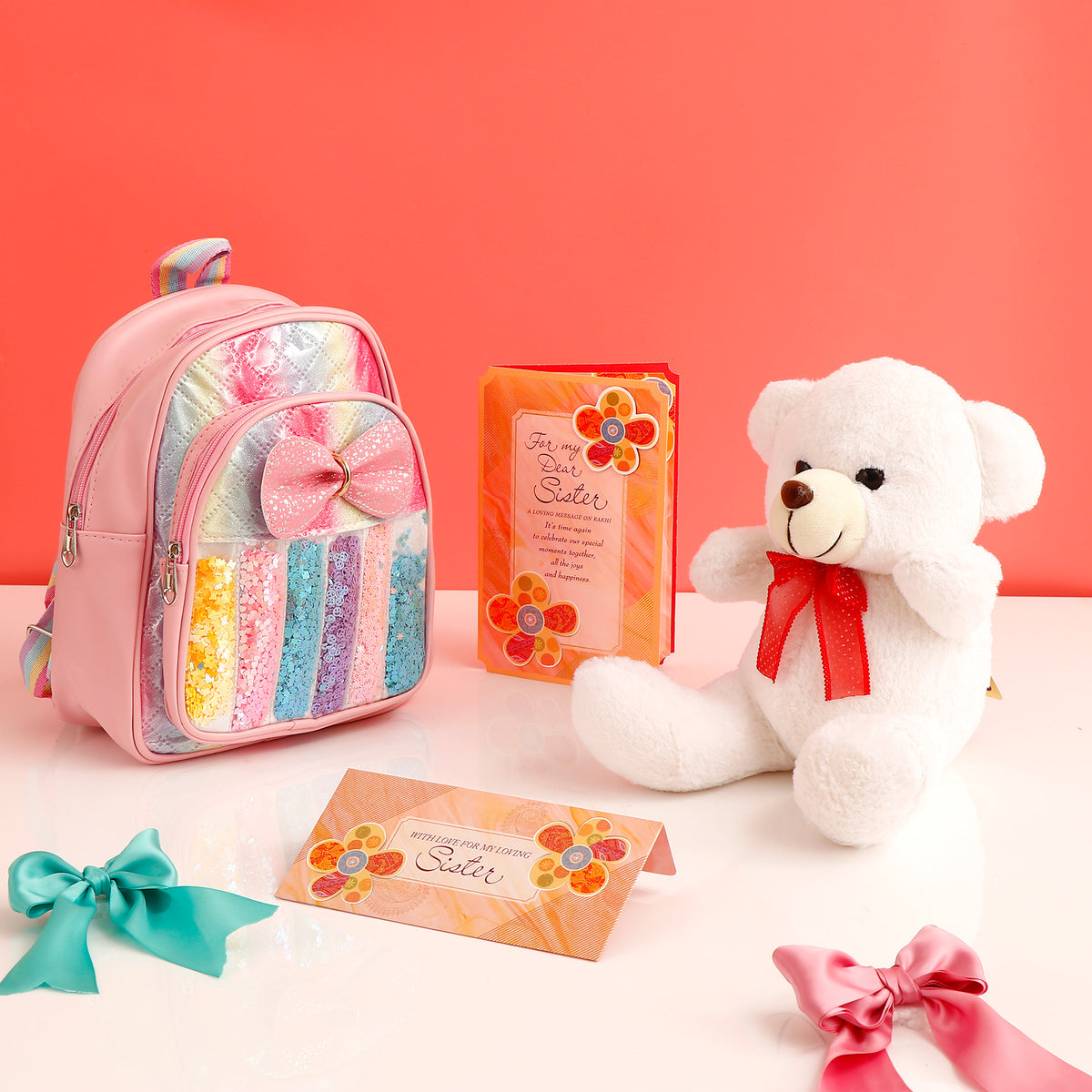 Shimmer Blue Bag with White Teddy and Greeting Card