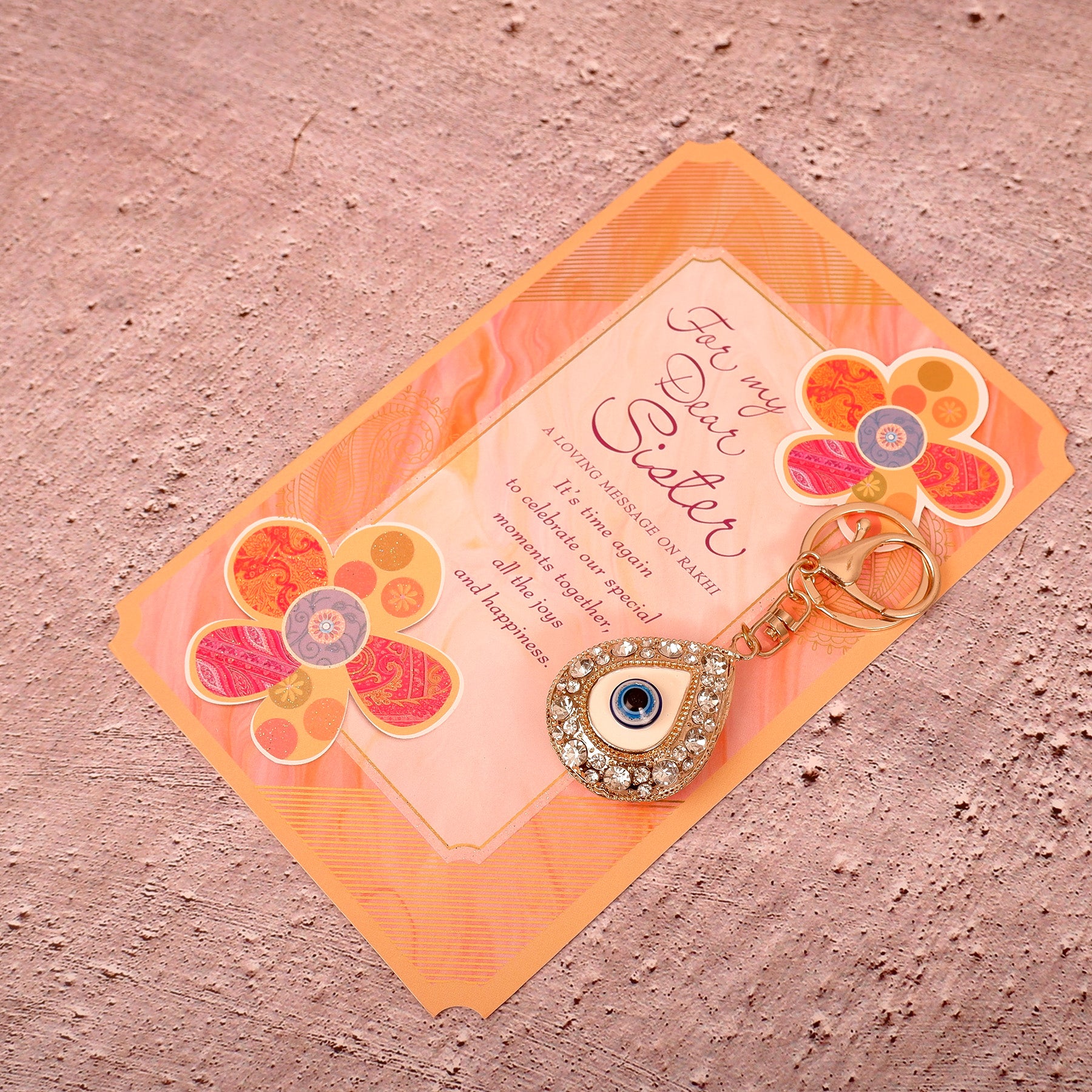 Golden Evil Eye Keychain With Sister Greeting Card