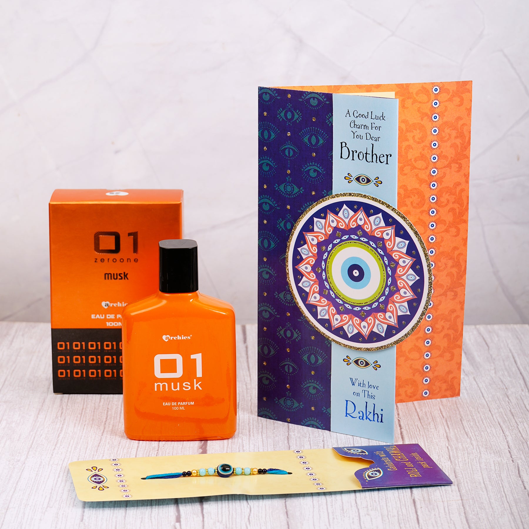 Musk Perfume with Evil Eye Rakhi Greeting Card