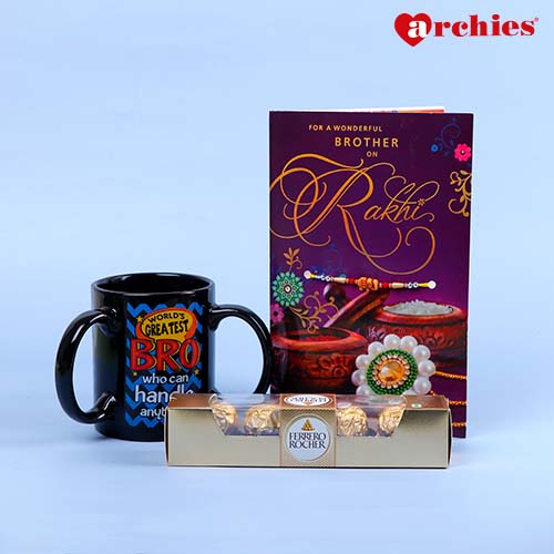 For Wonderful Brother Rakhi with Greeting Card with Mug and Chocolate