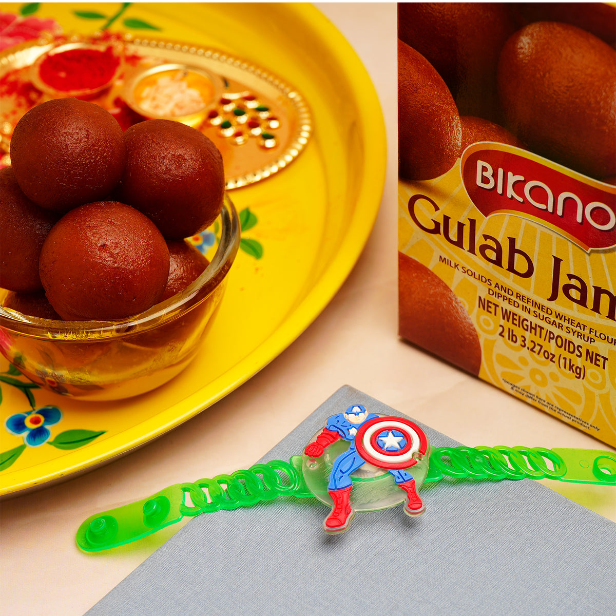 Captain America Green Rakhi with Gulab Jamun