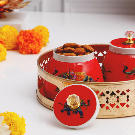 Red Elephant Motifs Jars with Tray Set