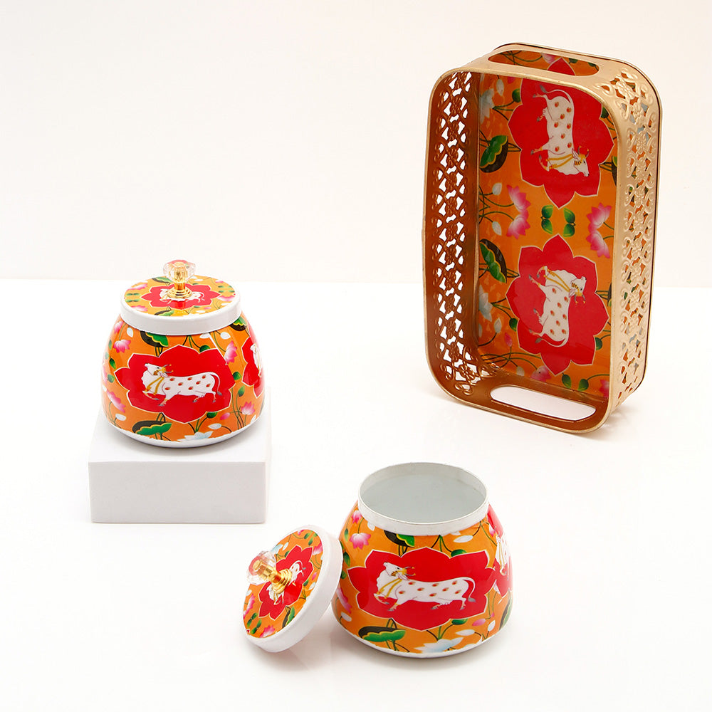 Orange Cow Motifs Jars with Tray Set
