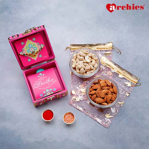 Magenta Rakhi Trunk Box with Dry Fruits