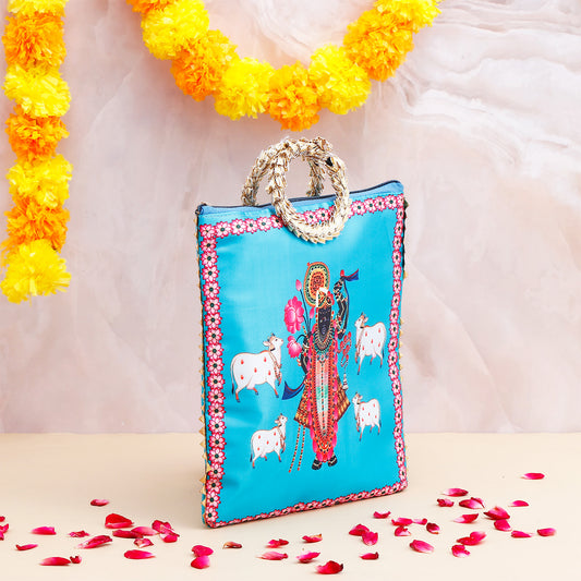 Shree Narayan Ethnic Handcrafted  Zip Up Fabric Bag - Blue