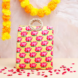 Lotus Printed Ethnic Handcrafted Zip Up Fabric Bag - Yellow