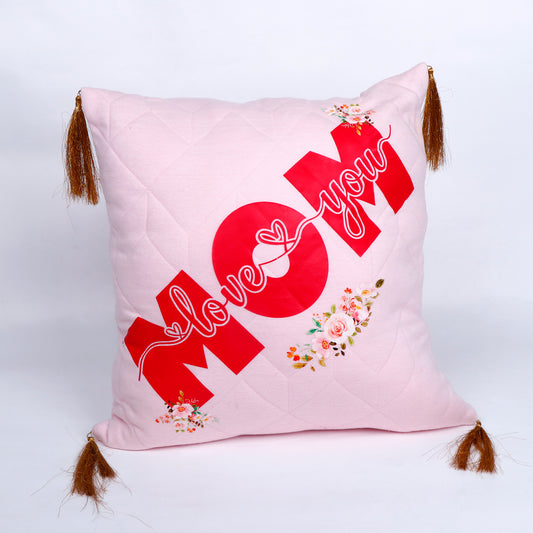 "Love You Mom" Floral Print Pink Cushion with Tassels 