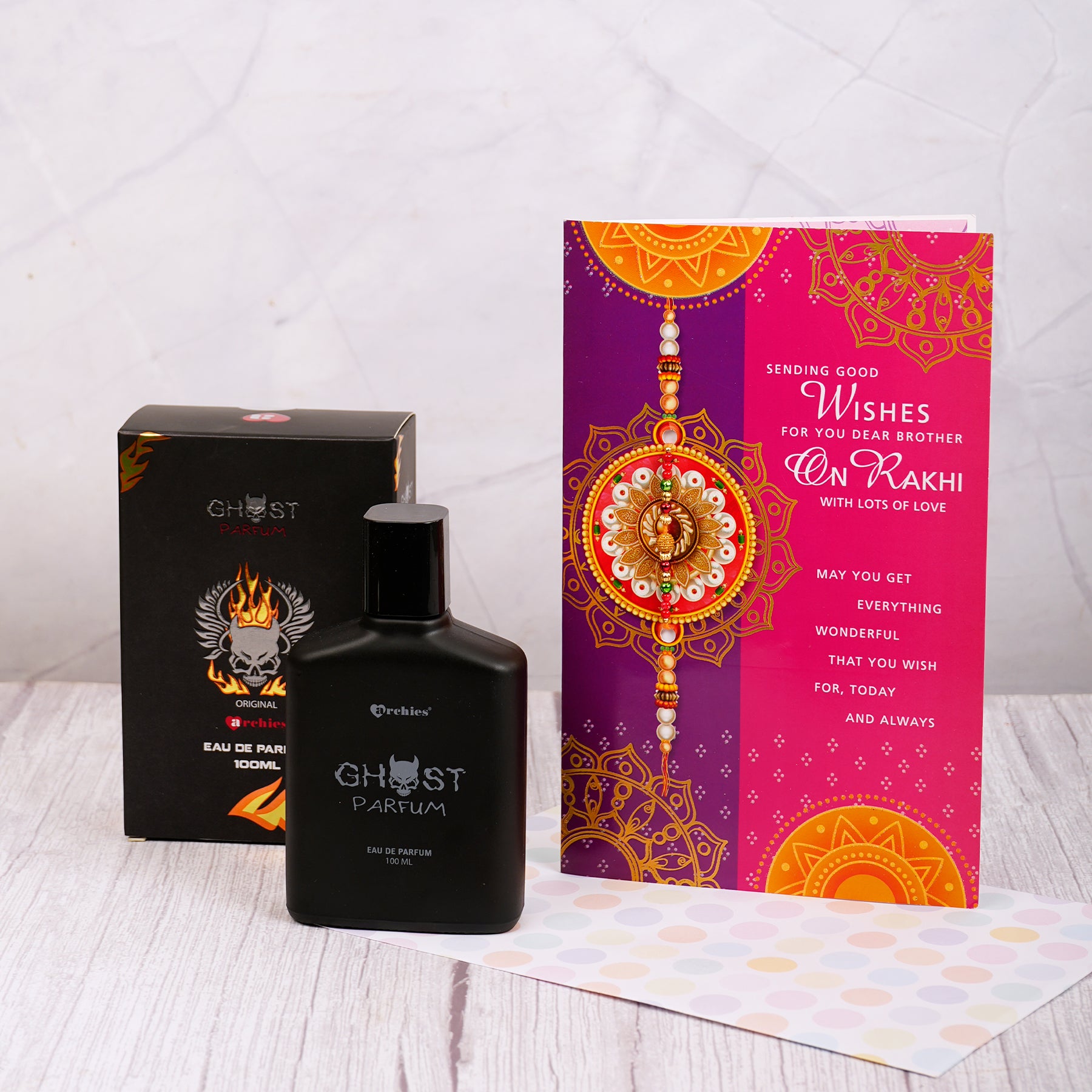 Ghost Perfume with Rakhi Wishes Greeting Card