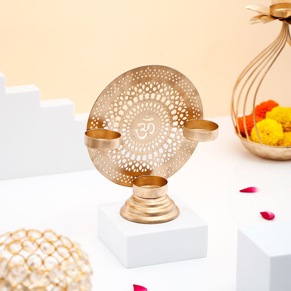 Golden Om 3 Diya Stand