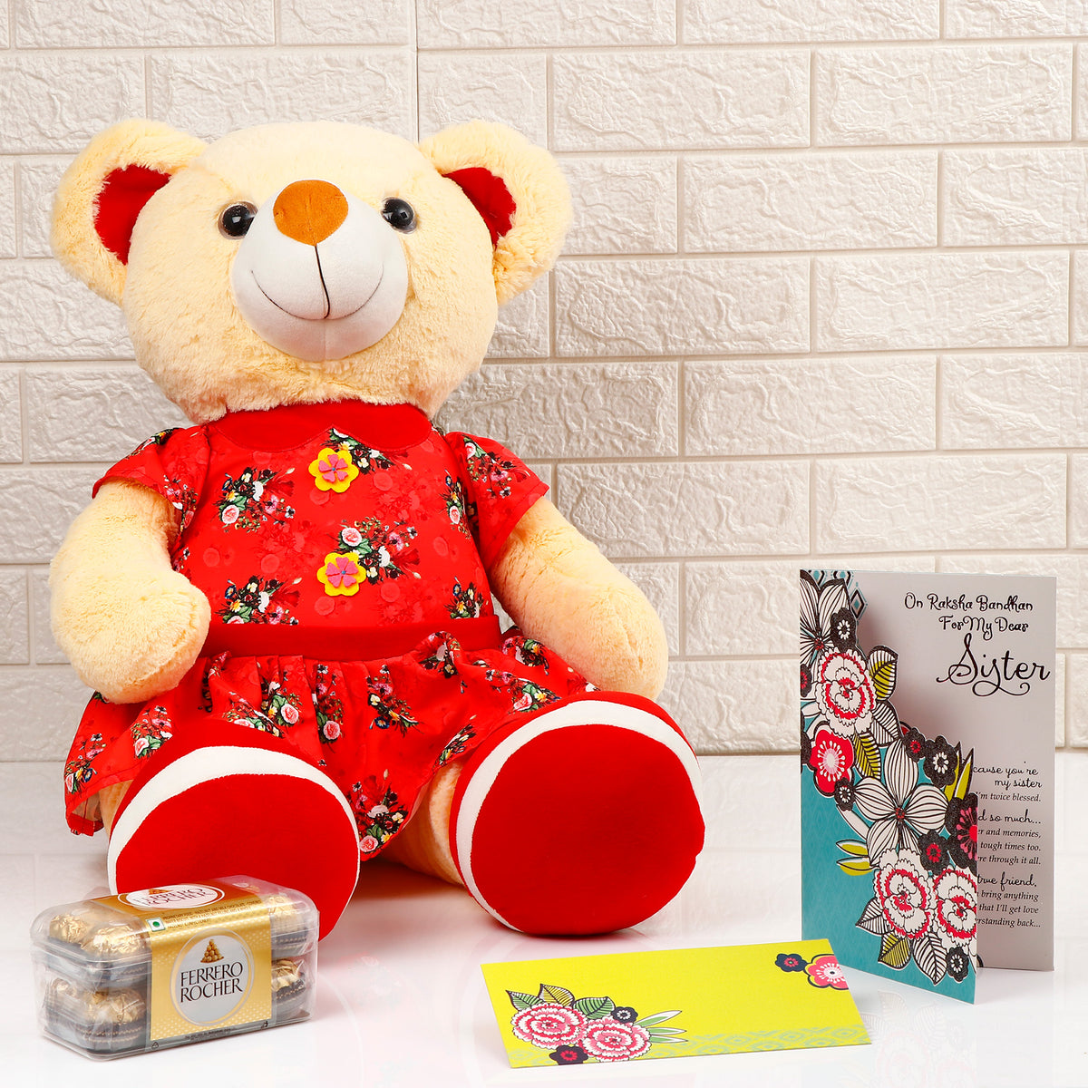 Red Teddy Bear with Greeting Card and Chocolate