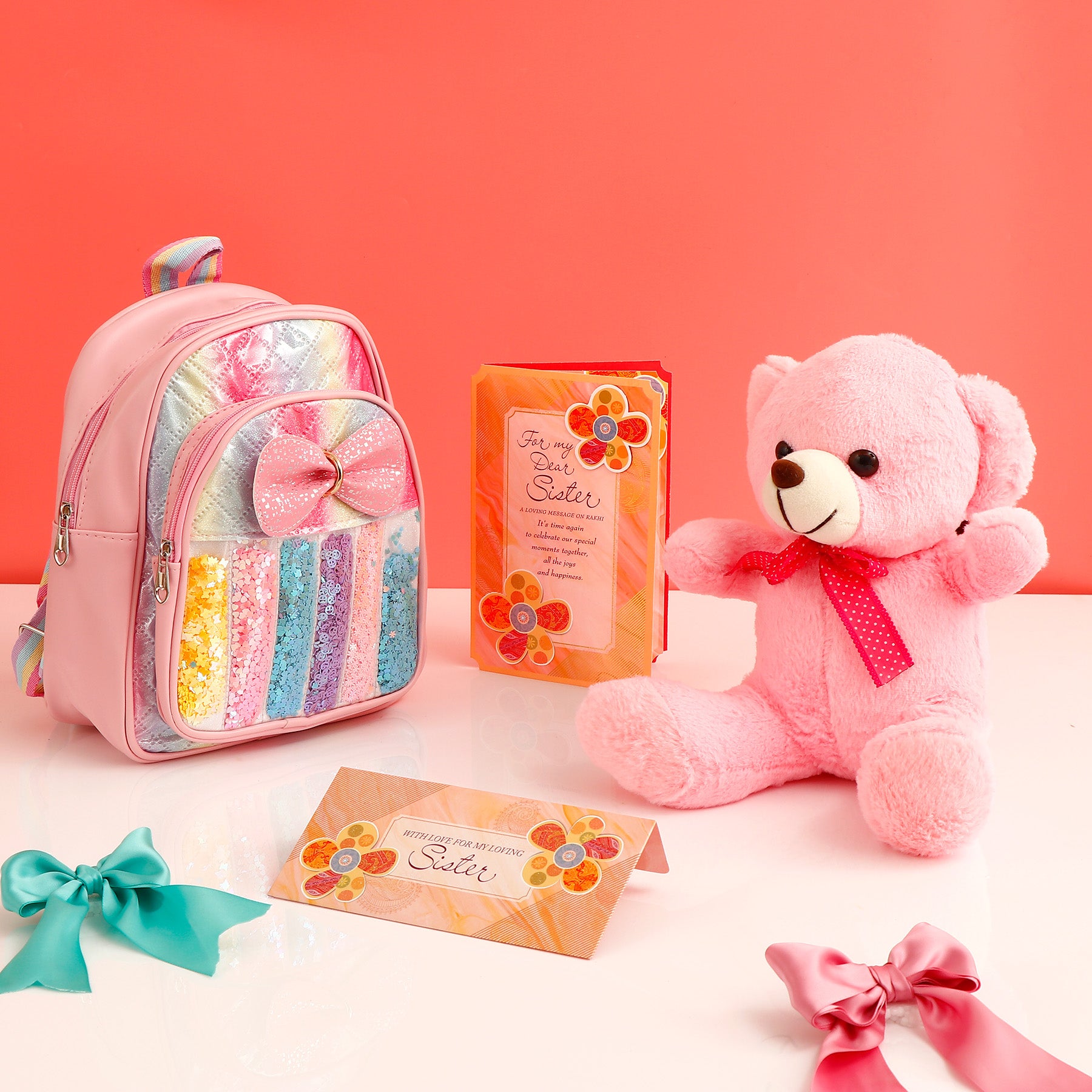 Sequins Shimmer Blue Bag with Pink Teddy and Greeting Card