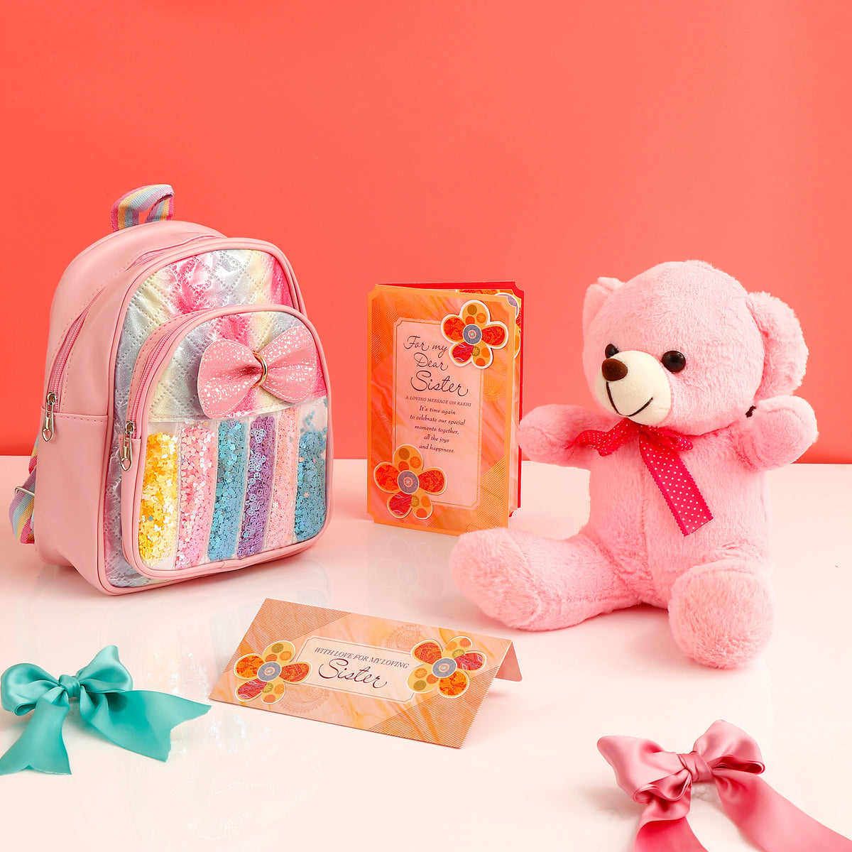 Sequins Shimmer Blue Bag with Pink Teddy and Greeting Card