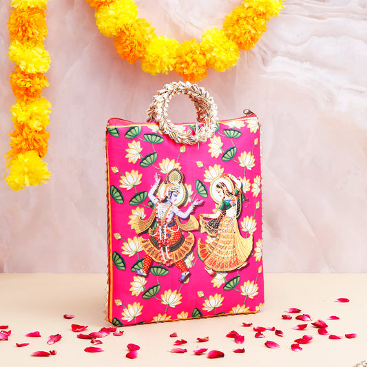 Shree Lakshmi Narayan Ethnic Handcrafted Zip Up Fabric Bag - Pink