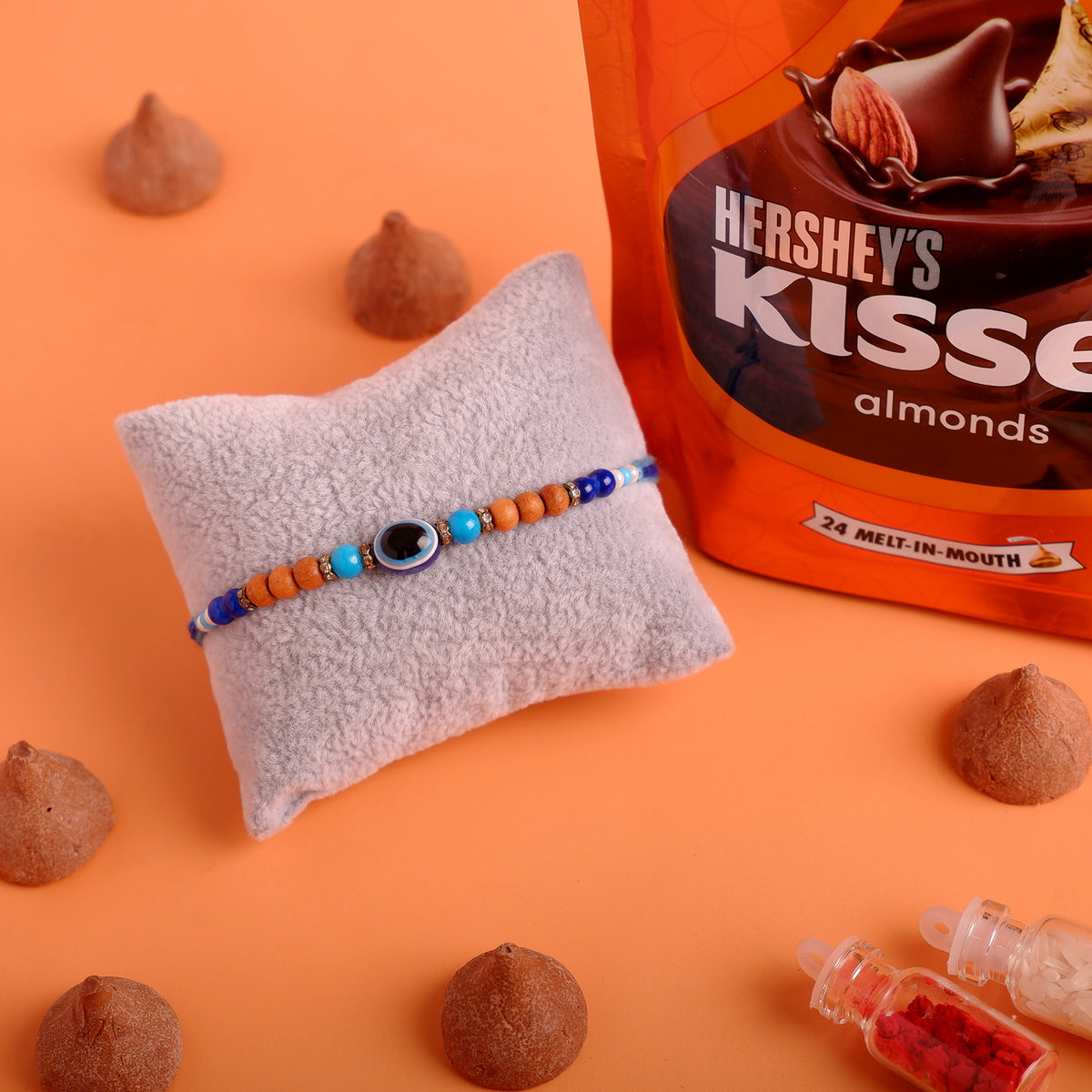 Protective Evil Eye Rakhi with Hersheys Kisses Almonds Chocolate