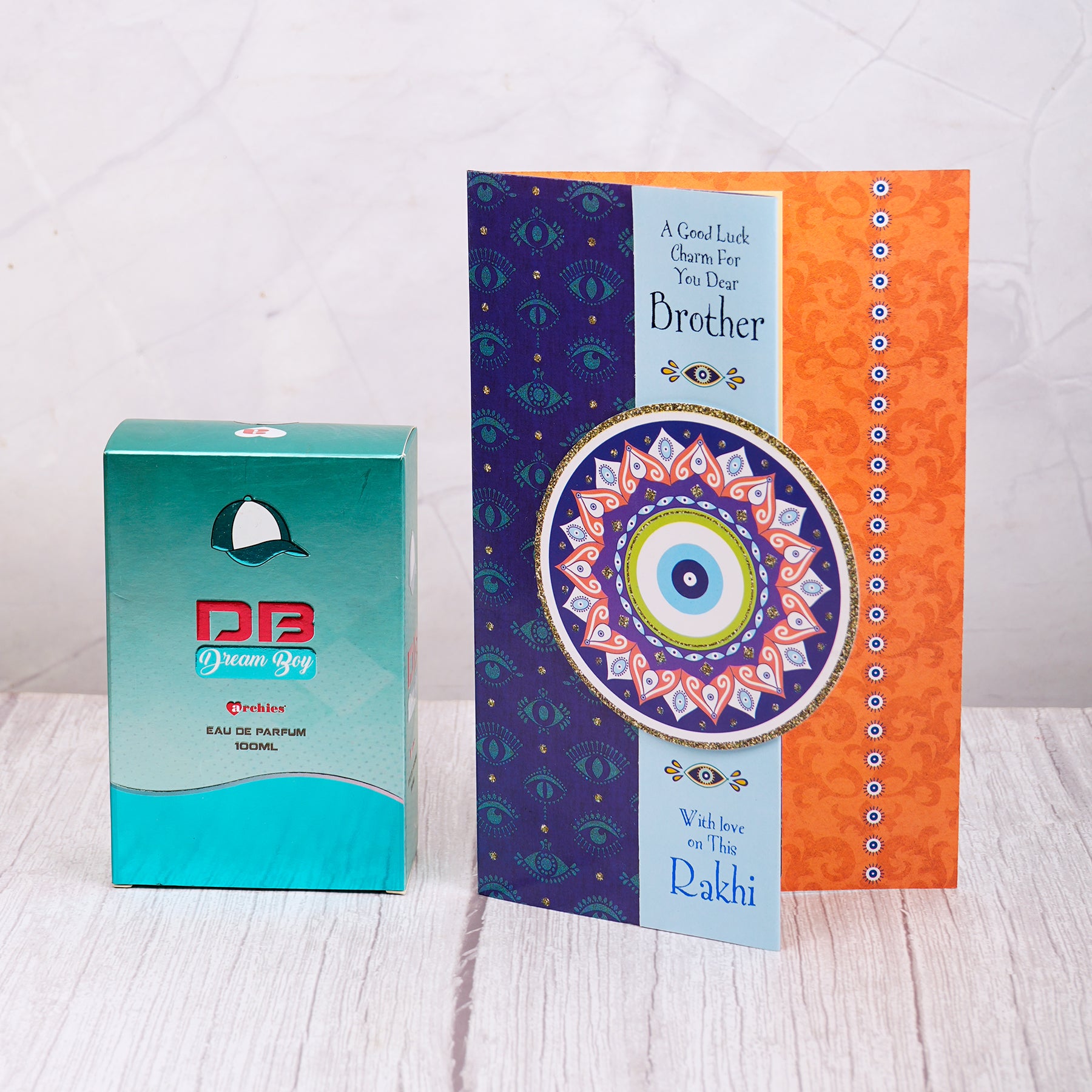 Dream Boy Perfume with Evil Eye Rakhi Greeting Card