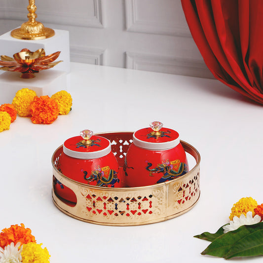Red Elephant Motifs Jars with Tray Set