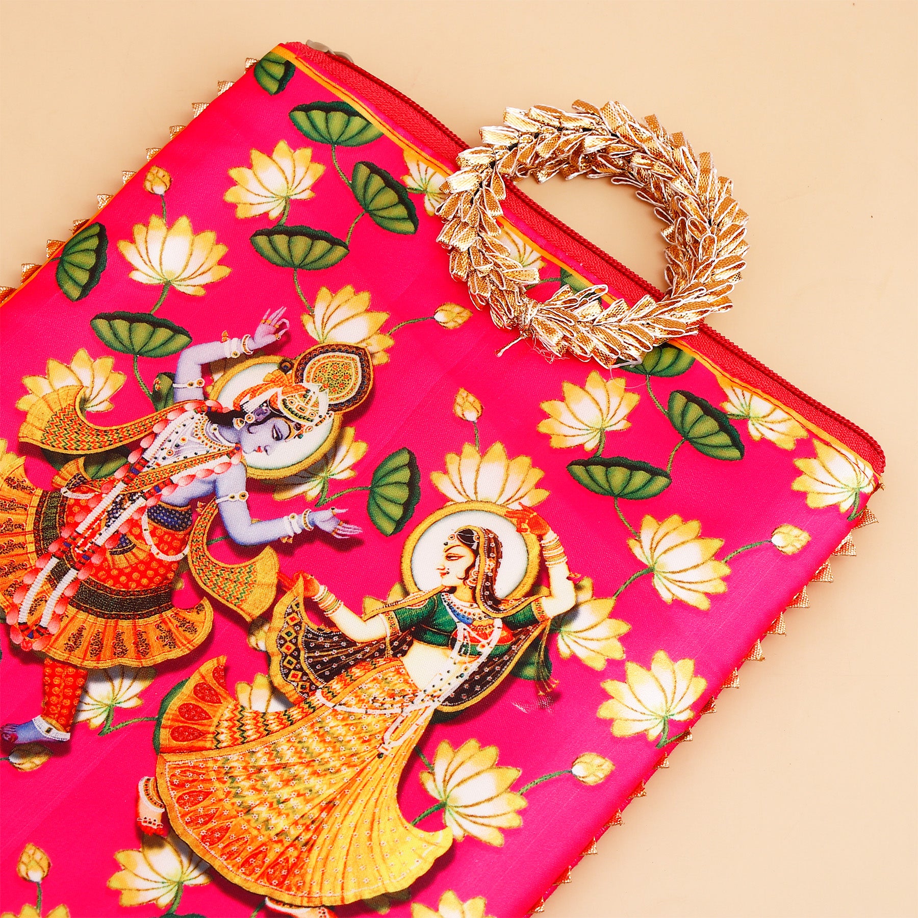 Shree Lakshmi Narayan Ethnic Handcrafted Zip Up Fabric Bag - Pink