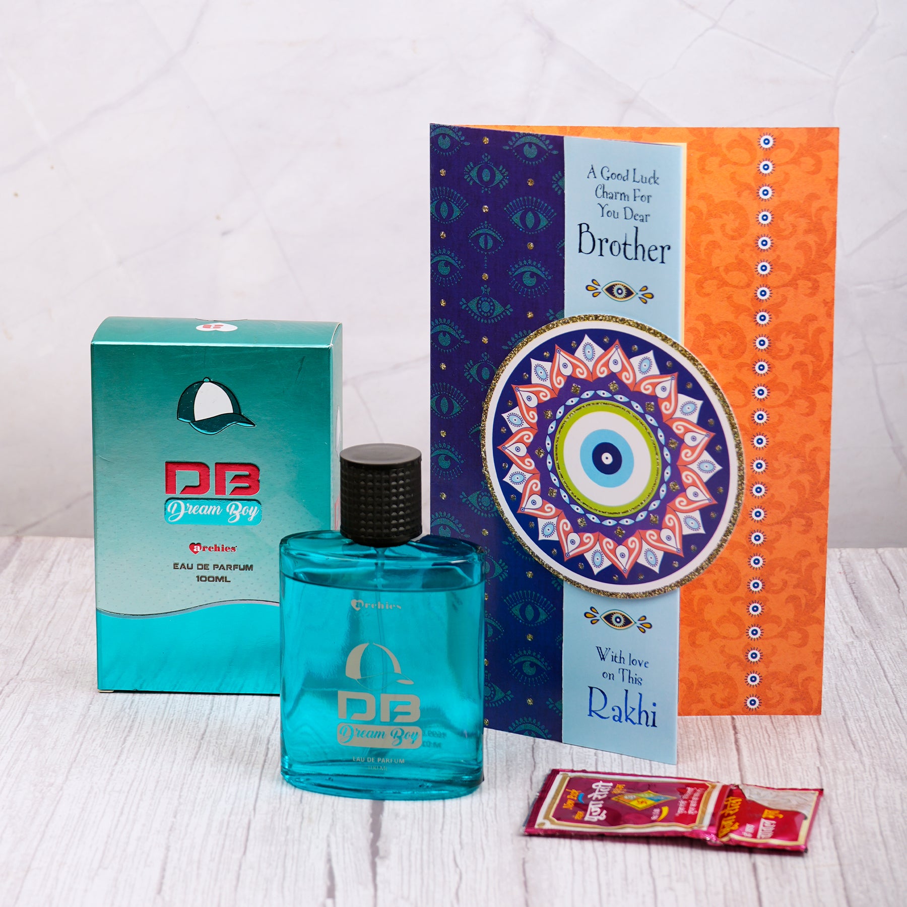 Dream Boy Perfume with Evil Eye Rakhi Greeting Card