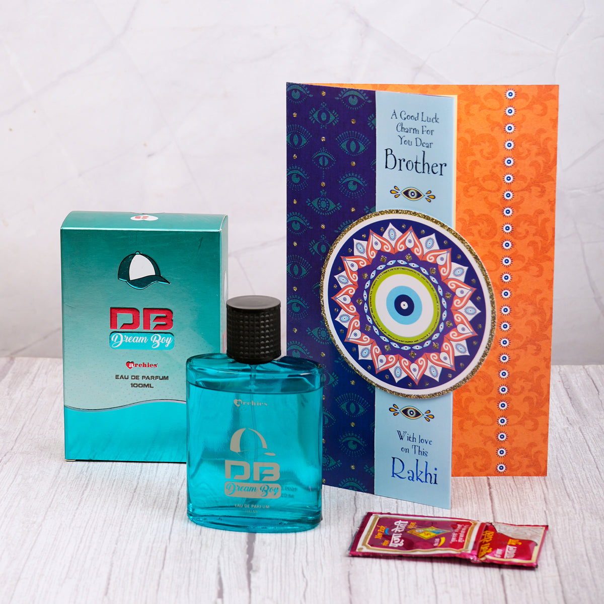 Dream Boy Perfume with Evil Eye Rakhi Greeting Card