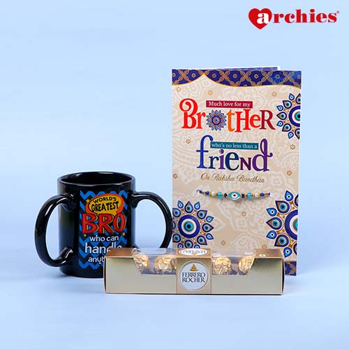 Much Love Rakhi with Greeting Card with Mug and Chocolate