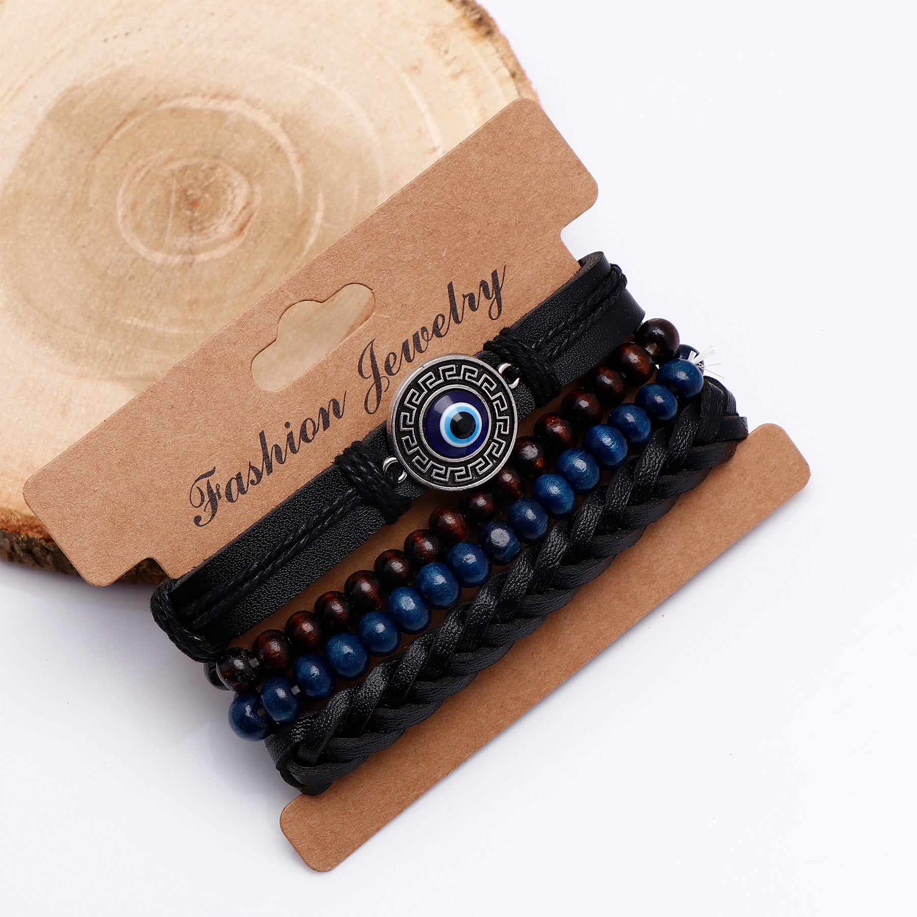 Evil Eye Beaded Multilayer Black Leather Bracelet 