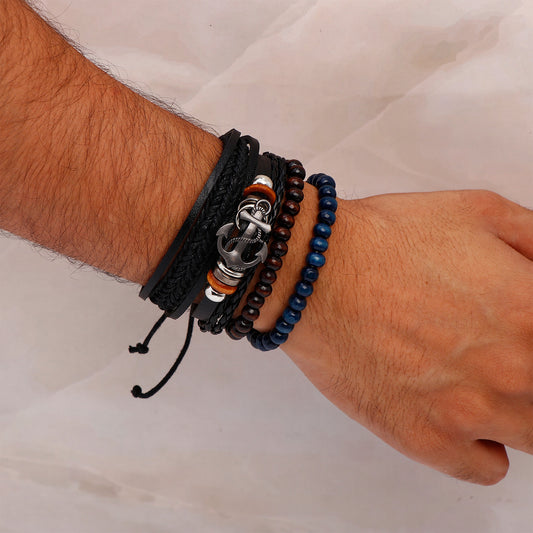 Anchor Beaded Multilayer Braided Leather Bracelet