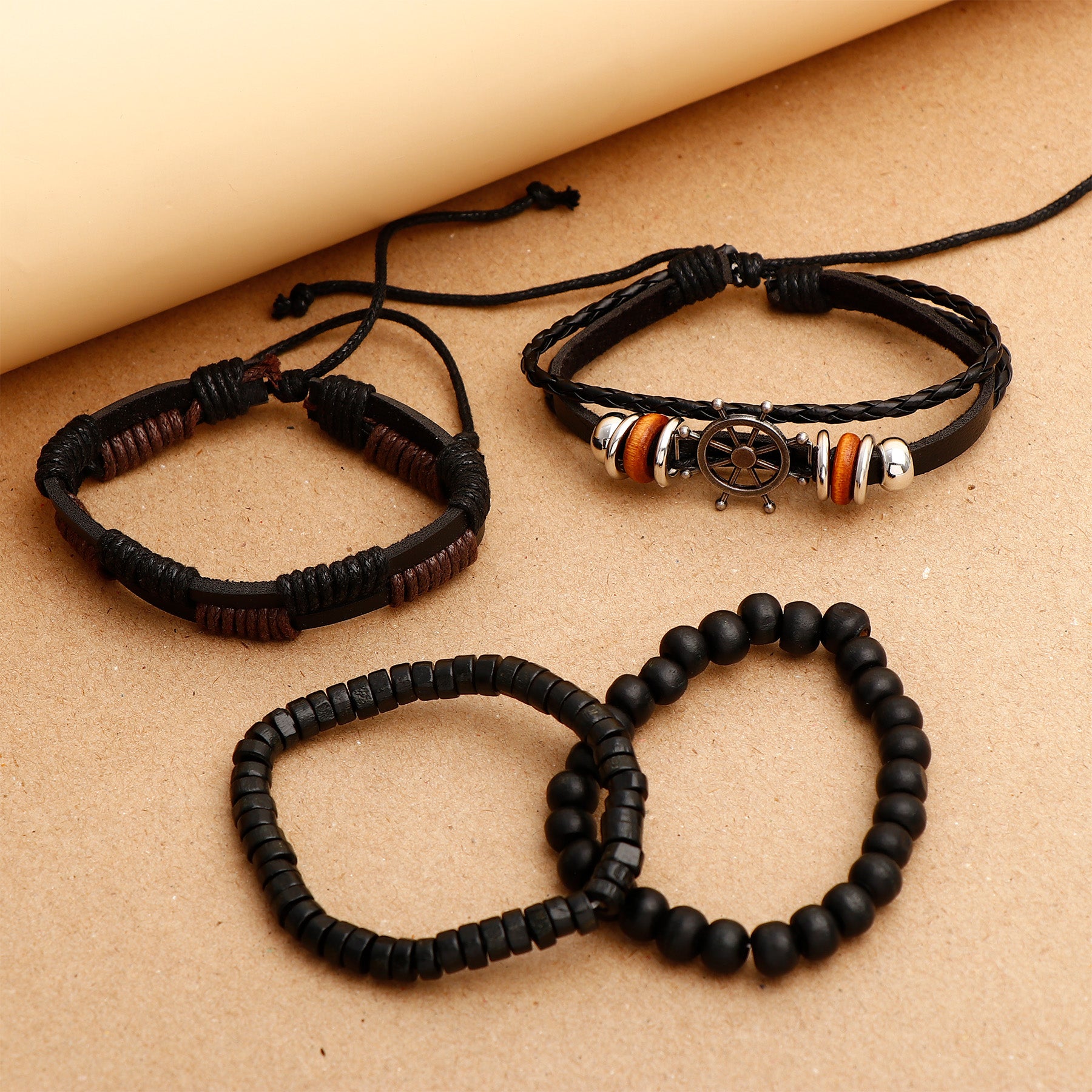 Helm Black Beaded Multilayer Leather Bracelet