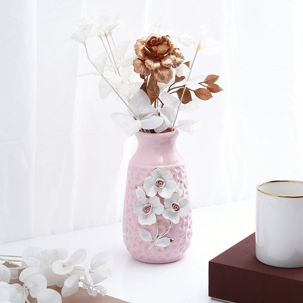 Pink Ceramic Vase with Embossed Flowers