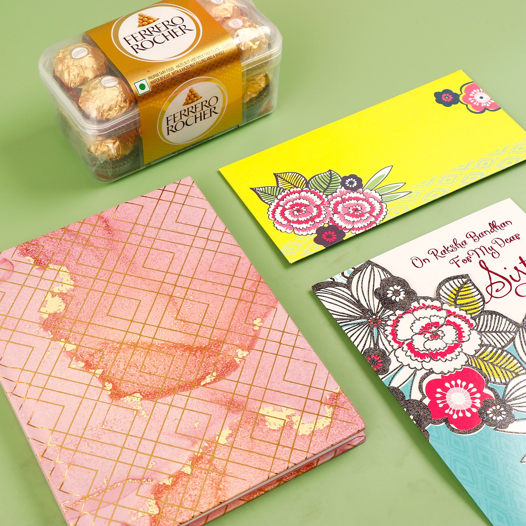 Pink Aesthetic Notebook with Greeting Card and Ferroro Rocher 200 GM